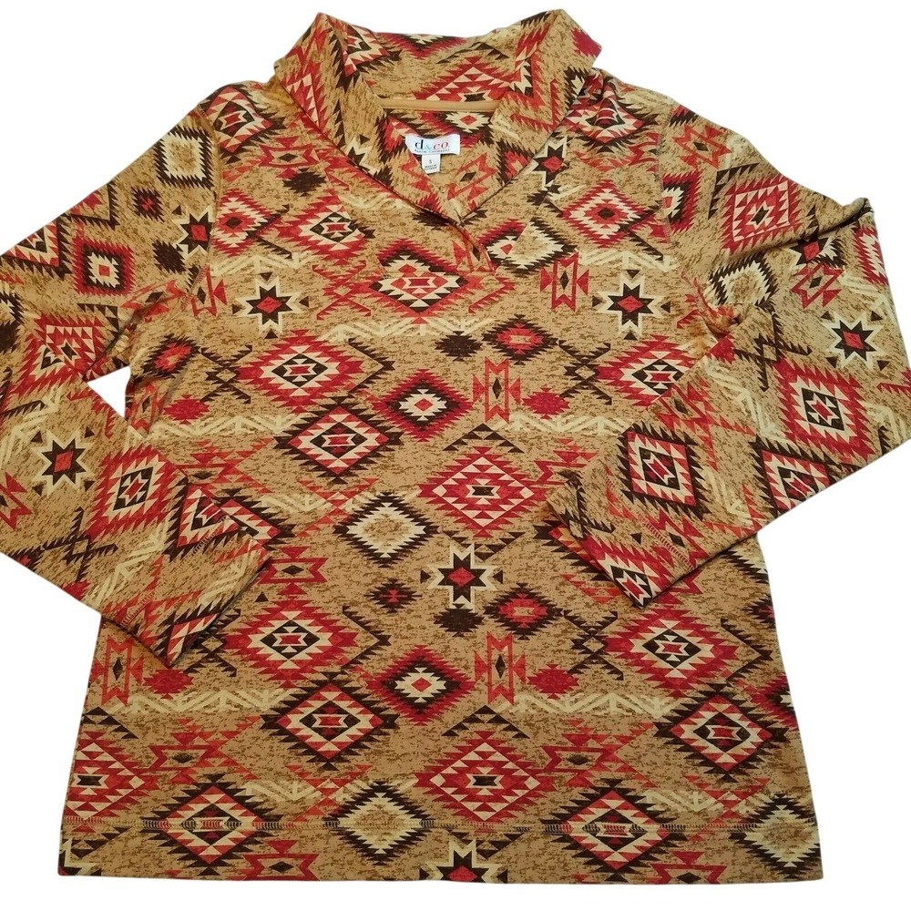Denim & Co Brown Aztec Print Shawl Collar French Terry Top S Boho Western Desert